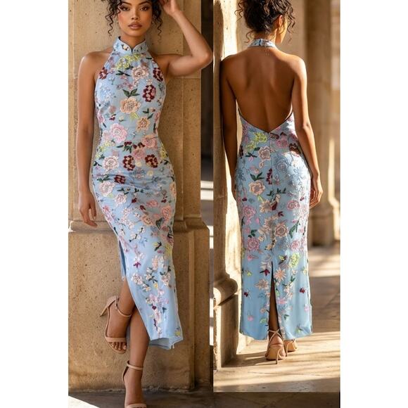 Lulus Dresses & Skirts - Lulus Blue Floral Embroidered Halter Infinite Praise Maxi Dress Size L